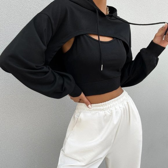 Black Preppy Womens Drop Shoulder Drawstring Super Crop Hoodie & Top - Picture 4 of 5